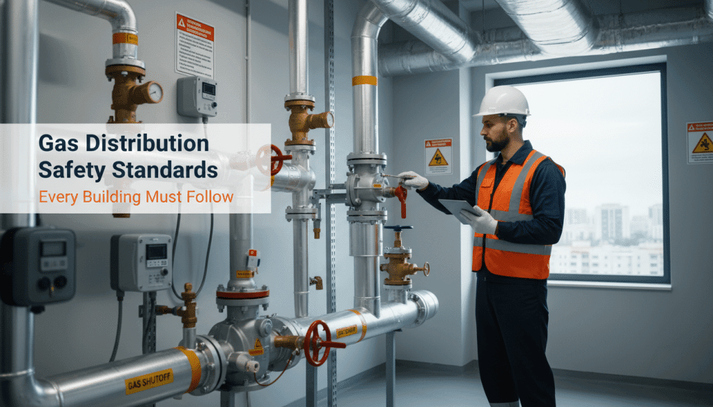 Technician inspecting gas distribution safety standards equipment in a building